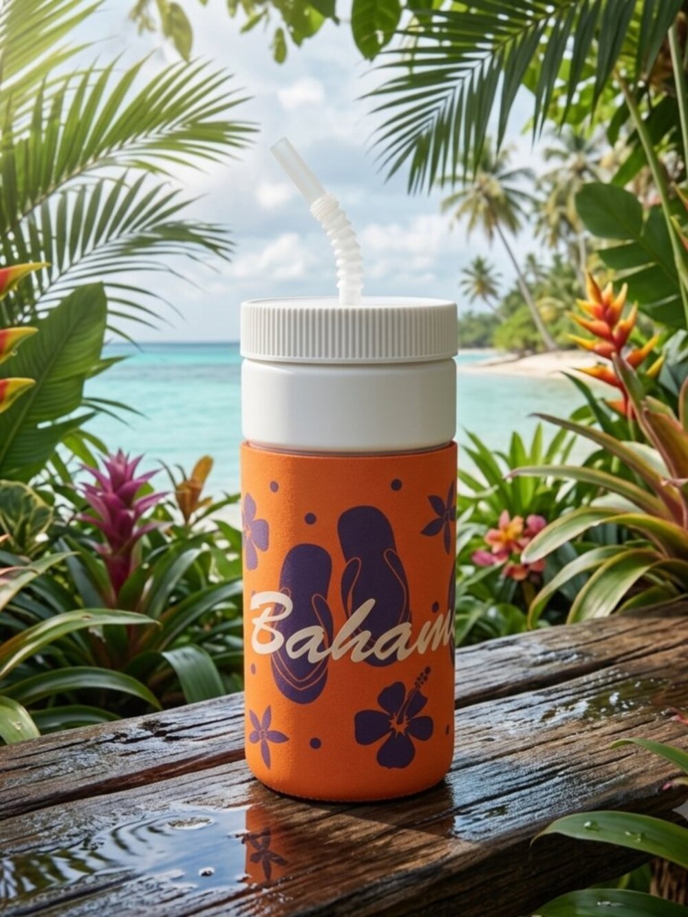 Vintage Bahamas Insulated Travel Cup Mug Orange Flip Flop Flower Foam Sleeve Lid
